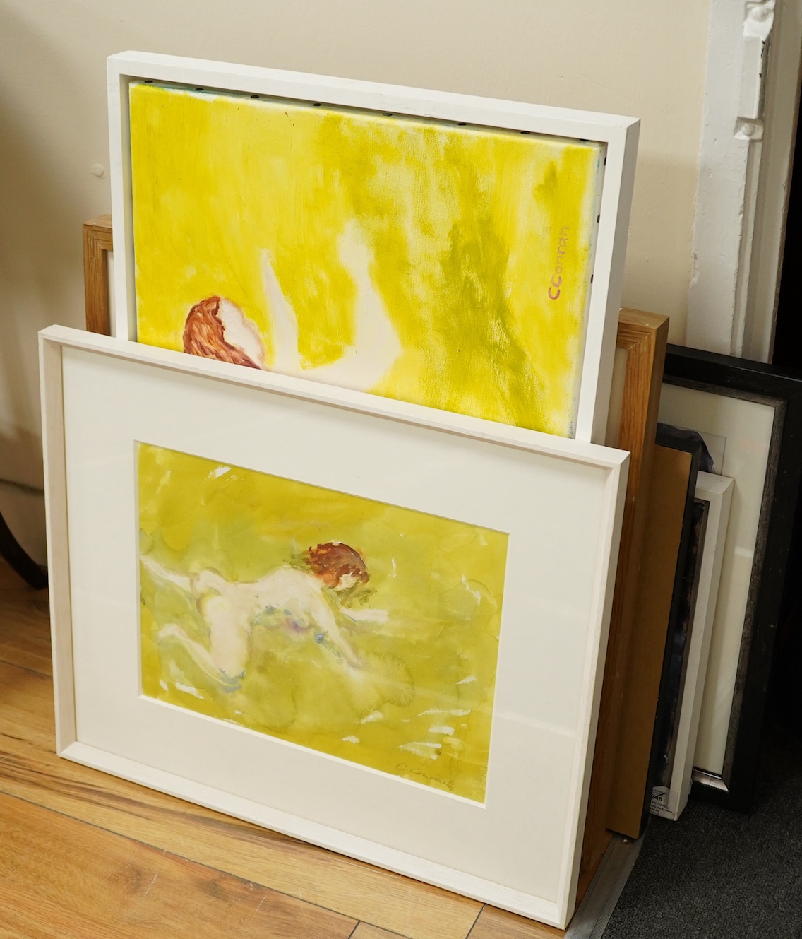 Caroline Conran (b.1939), a collection of oils and watercolours, to include figural studies, landscape and birds. Condition - fair/good
